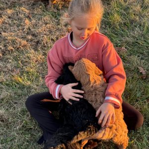 Girl holding a couple puppies in her lap